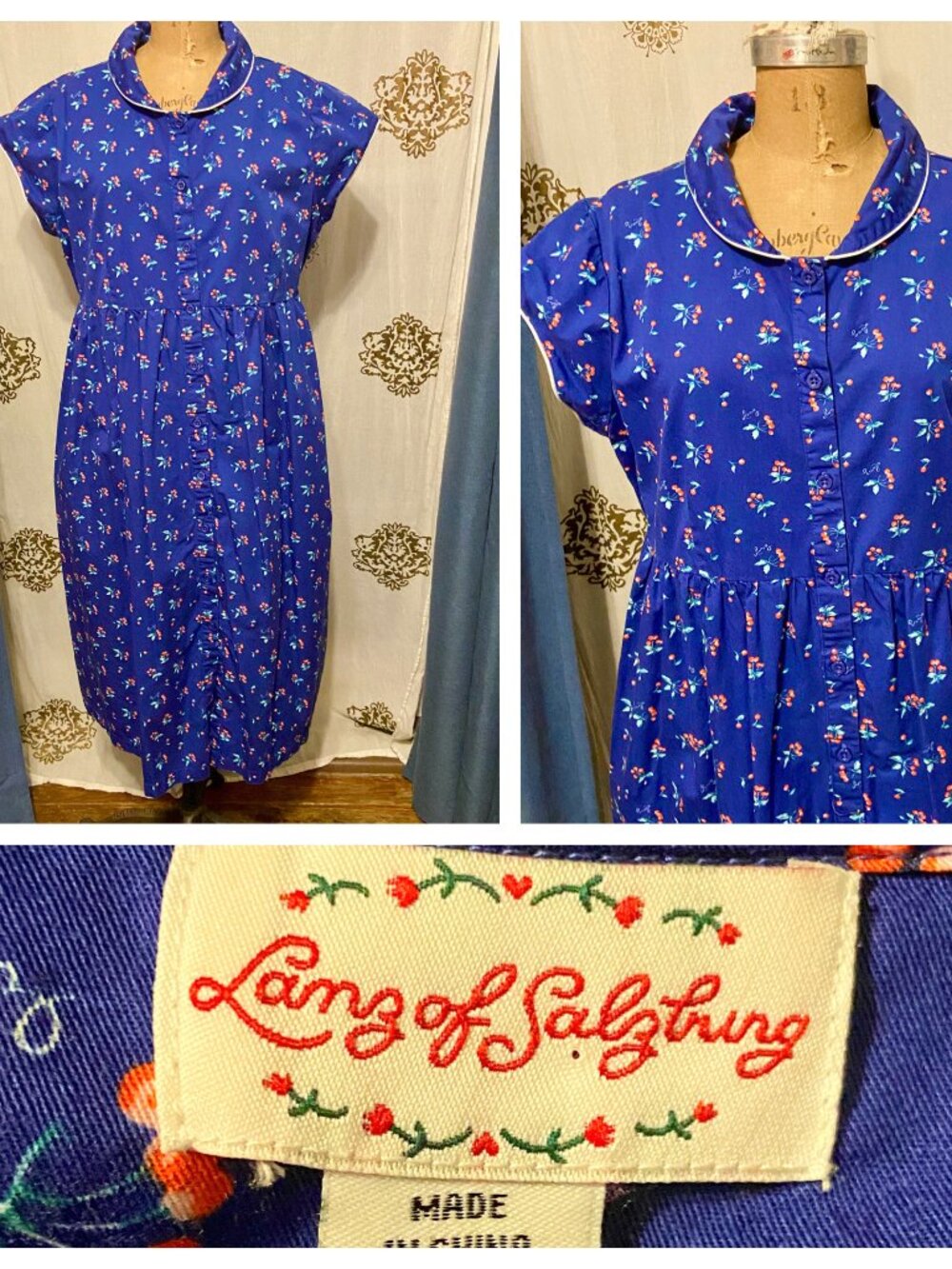 Vintage Lanz of Salzburg Blue Cherries Print Cottagecore Retro MIDI Dress L